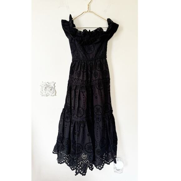 Zara Black Embroidered Eyelet Off The Shoulder Ruffle Midi Dress XS - Picture 5 of 11